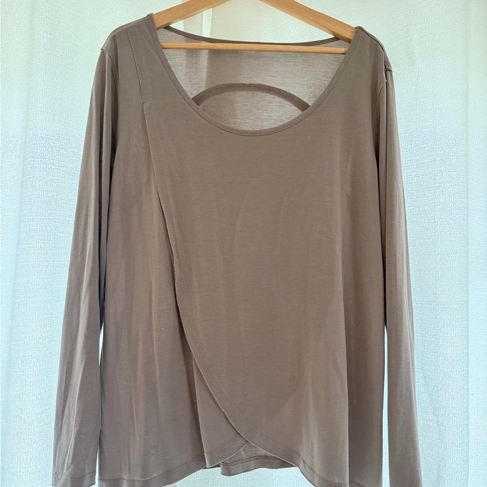 Women’s Long-Sleeve Taupe Wrap-Front Top